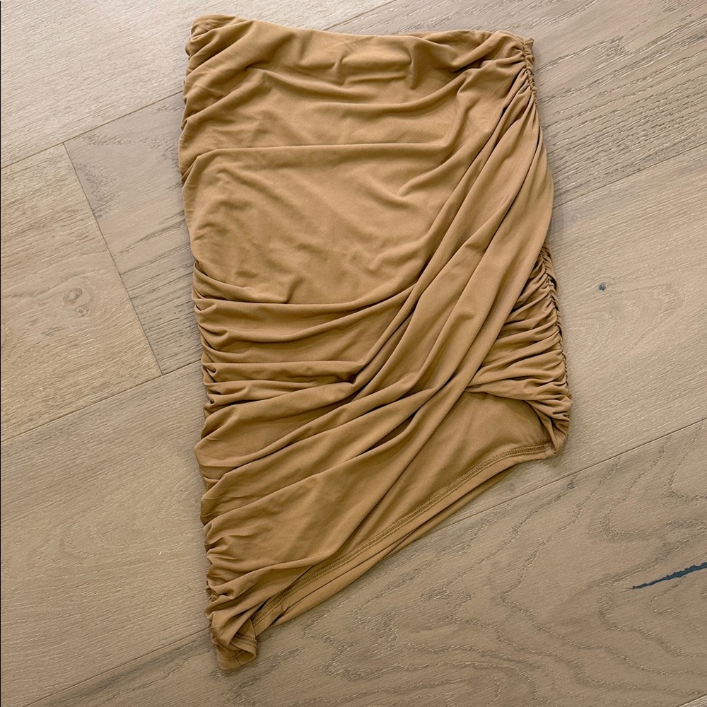 Asymmetrical Ruched Midi Skirt in Tan